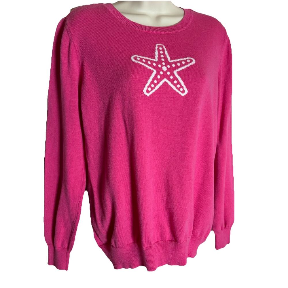 Caribbean Joe Sweater Womens Pink White Star Pullover Sweater 100% Cotton~Medium
